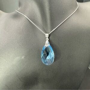 Blue Teardrop Swarovski Element Necklace with Sterling Silver Chain